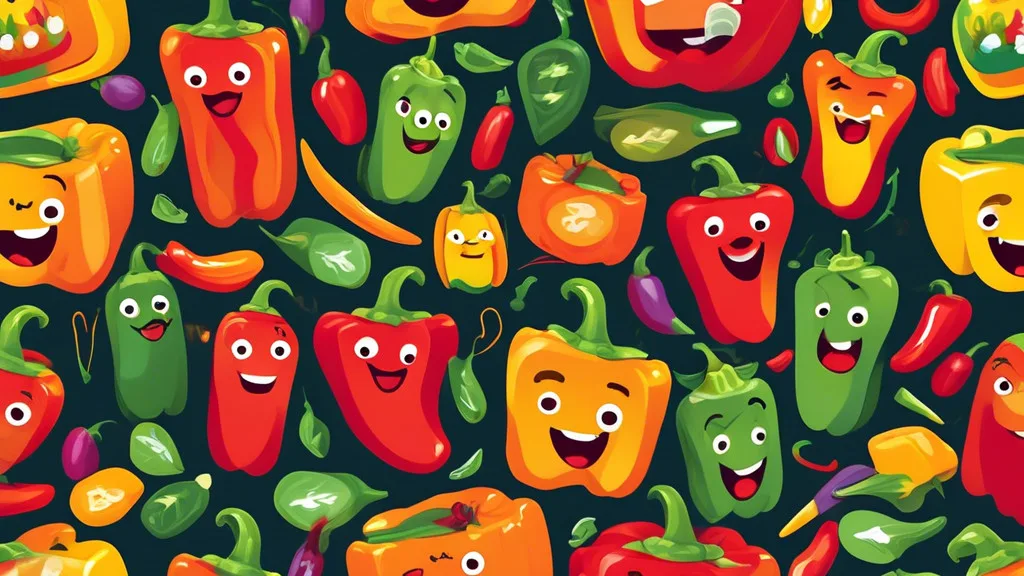 Create a colorful and playful illustration featuring various bell peppers with expressive faces, engaging in humorous activities that relate to puns. Inclu