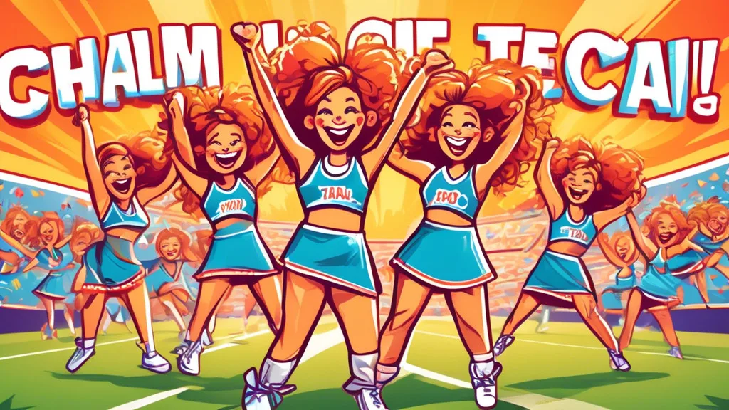 Create a vibrant and fun illustration of a group of cheerful cartoon cheerleaders performing energetic stunts. Each cheerleader is holding a sign with a pl