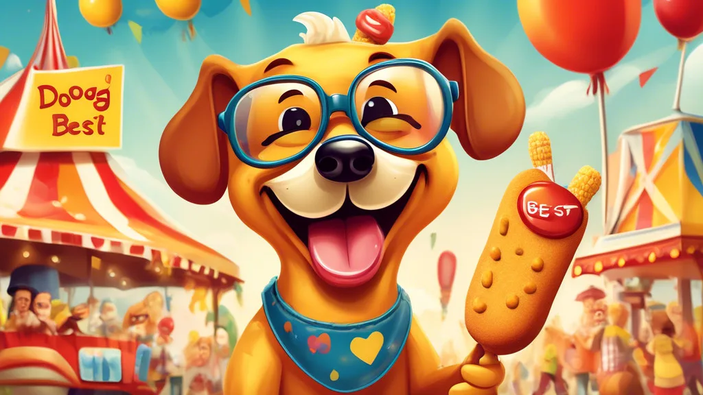 Create a whimsical illustration featuring a cartoon corn dog character with a big smile, wearing oversized glasses, and holding a sign that says You’re the