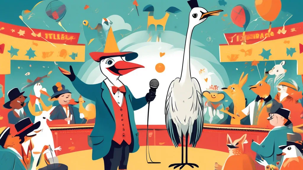 Create a whimsical illustration featuring a playful crane character dressed as a stand-up comedian, standing on stage with a microphone. Surround the crane