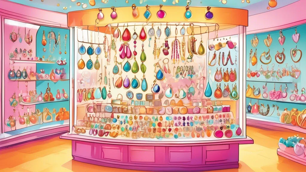 Create an imaginative illustration of a vibrant jewelry shop display featuring a variety of sparkling earrings, each with whimsical pun labels like 'Earrin