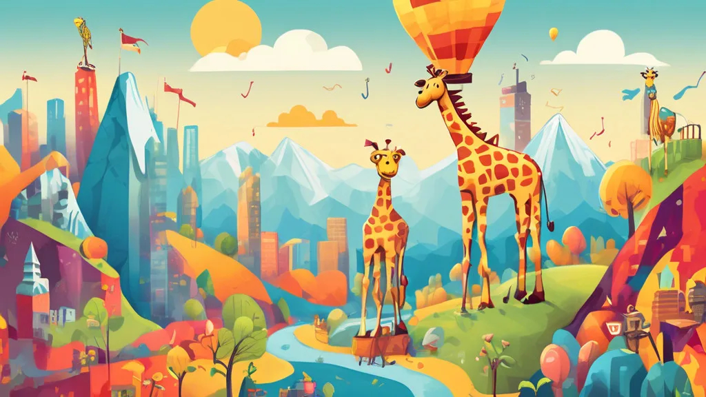 Create an imaginative and whimsical illustration featuring various height-related puns personified as characters in a vibrant landscape. Include elements l