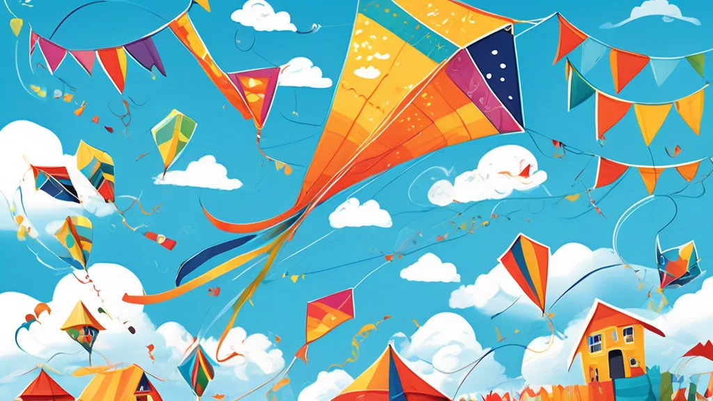 Create a whimsical illustration featuring colorful kites soaring high in a bright blue sky, each kite adorned with clever and humorous puns related to kite