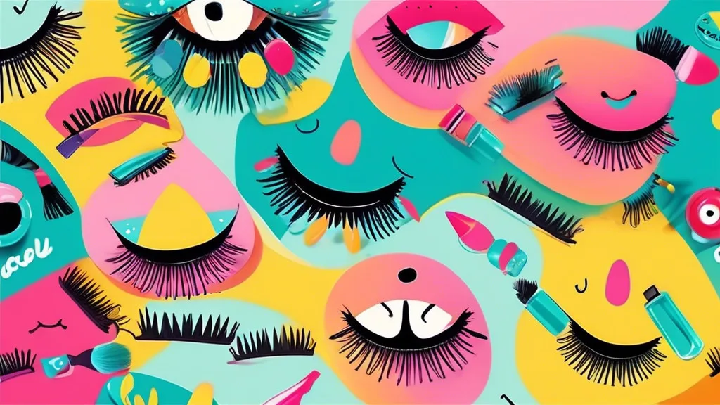 Create a vibrant and playful illustration featuring a variety of cartoon eyelashes with smiling faces, each featuring a different lash pun written in fun,