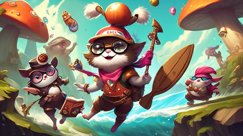 Create an illustration featuring a whimsical scene in a fantasy world inspired by League of Legends, where playful characters embody various champions with