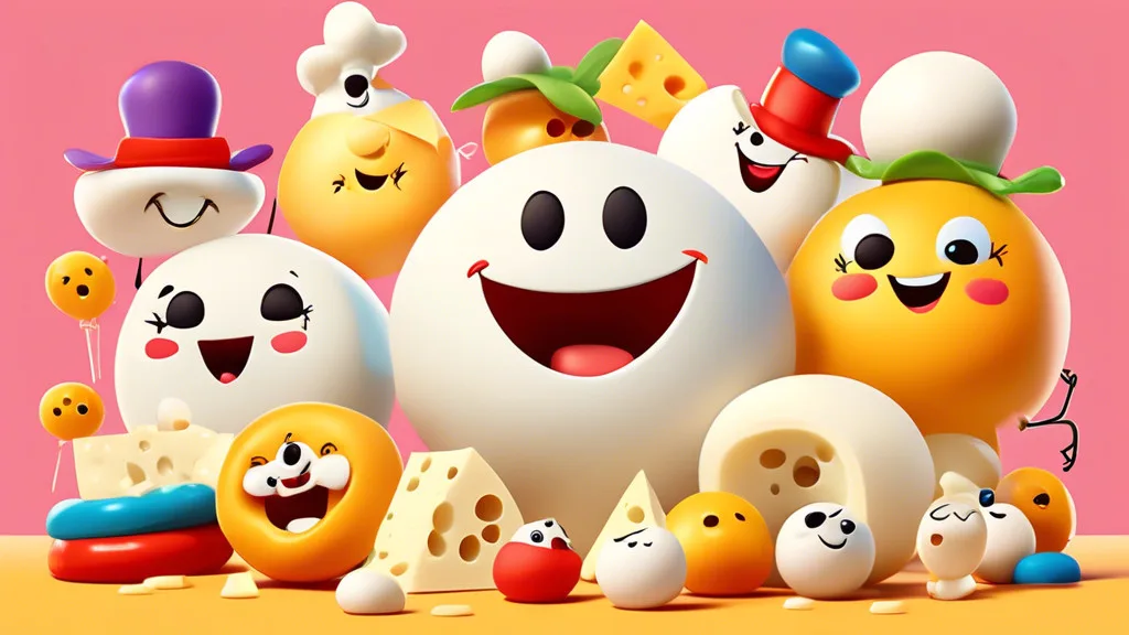 Create a whimsical illustration featuring a variety of cartoon mozzarella cheese characters, each with playful expressions and engaging in pun-filled activ