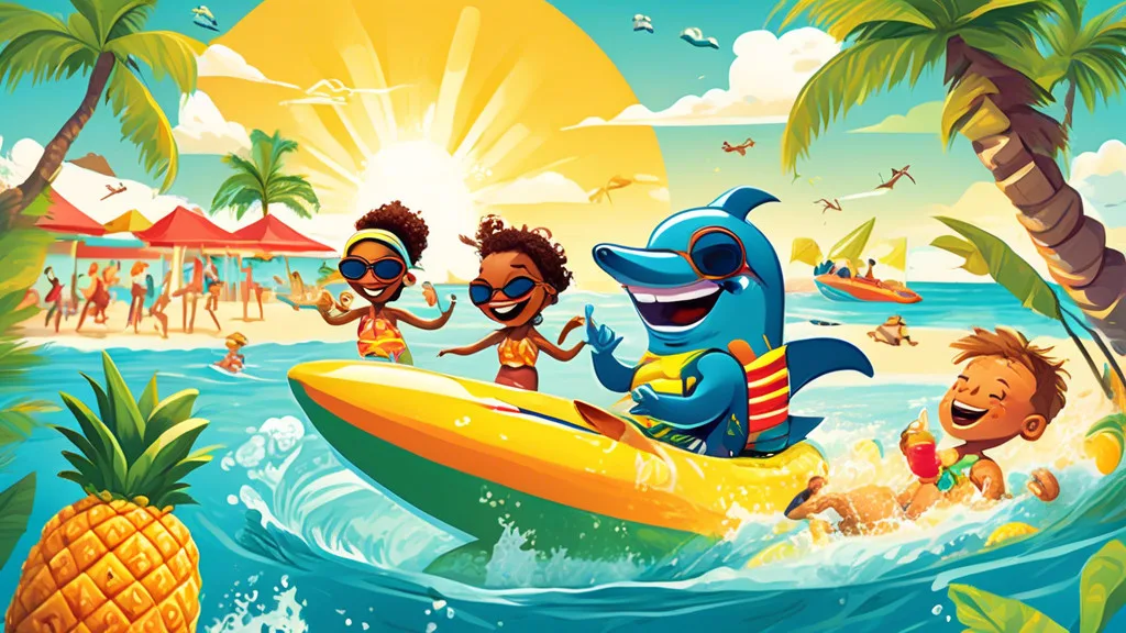 Create a vibrant and playful illustration featuring a sun-soaked Bahamian beach with cartoonish characters enjoying water sports, surrounded by tropical fr