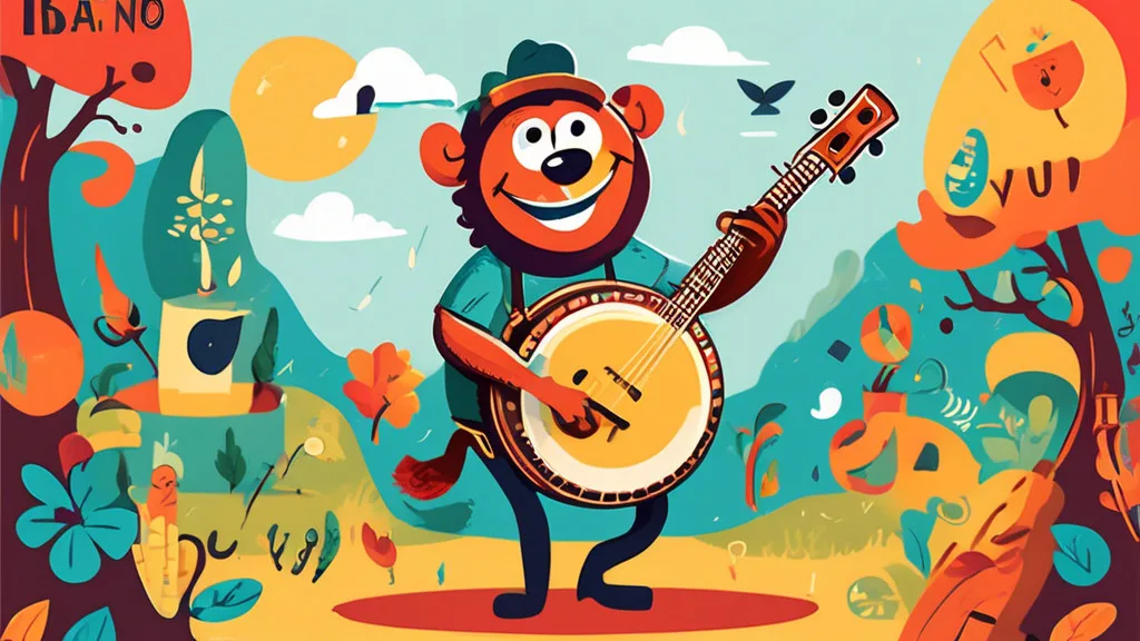 Create a colorful and whimsical illustration featuring a cheerful cartoon banjo character with a big smile, surrounded by various playful banjo-related pun