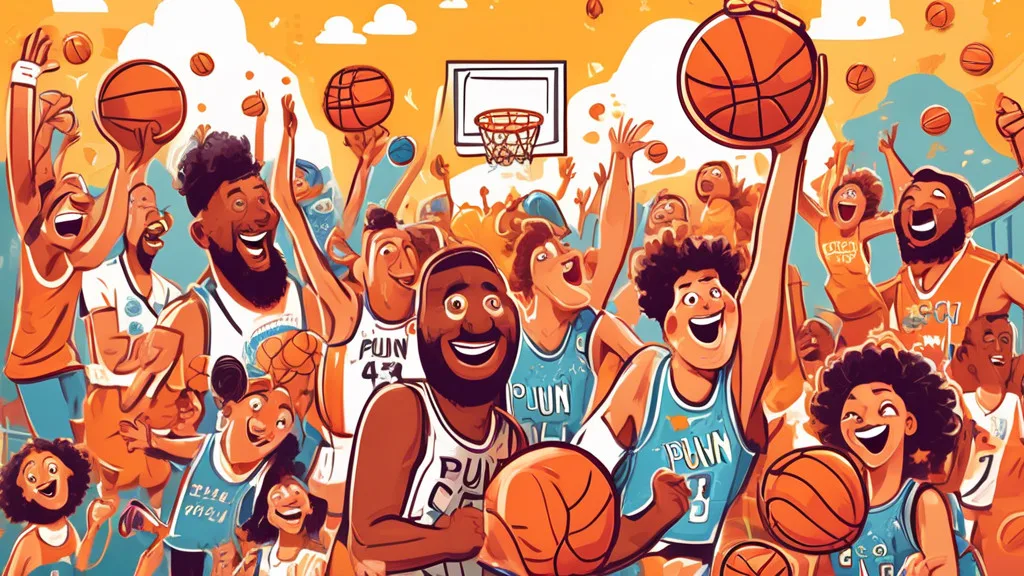 Create an illustration featuring a whimsical basketball-themed scene filled with playful puns. Include cartoon-style basketballs with faces, laughing happi