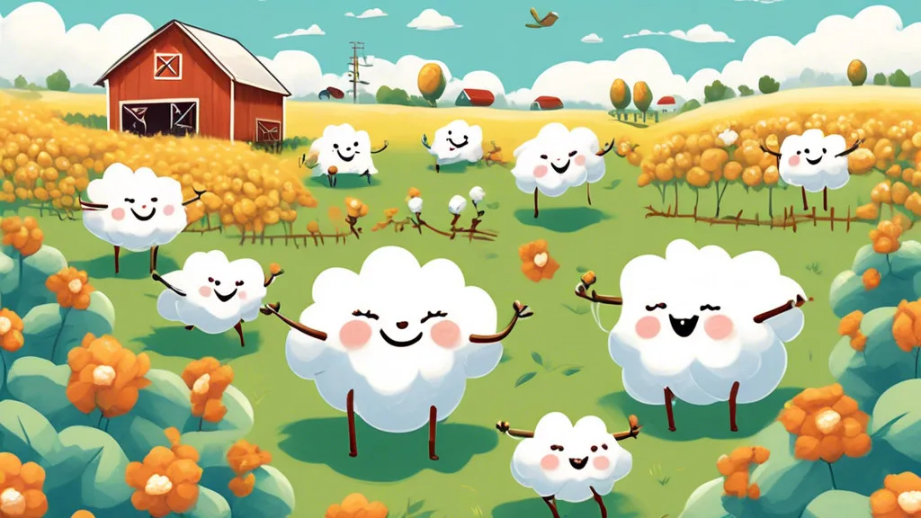 Create an illustration featuring a whimsical cotton field with fluffy cotton plants transforming into smiling characters. Each cotton character is deliveri