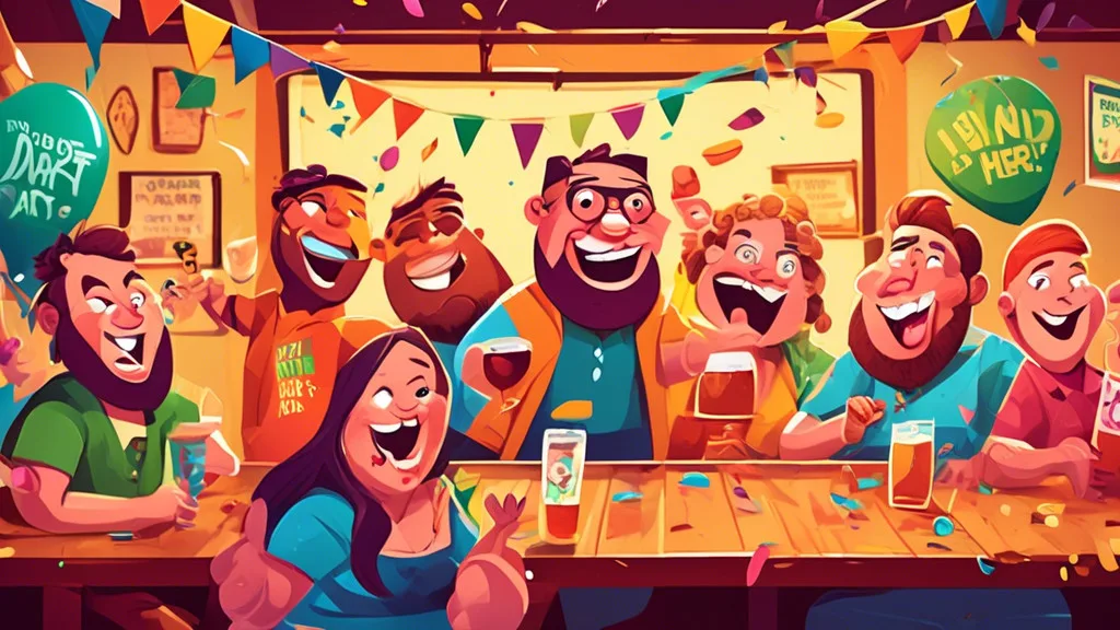 Create a vibrant and humorous illustration featuring a group of animated dart characters having a fun party in a colorful pub setting. Include puns display