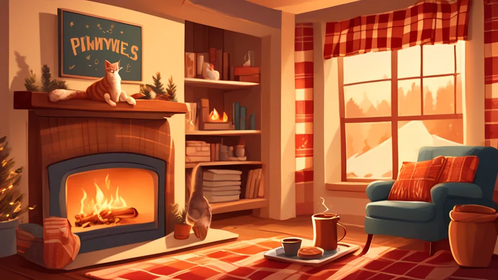 Create an illustration of a cozy room decorated with flannel patterns, featuring playful puns written on soft throw pillows. Include a warm fireplace, a st