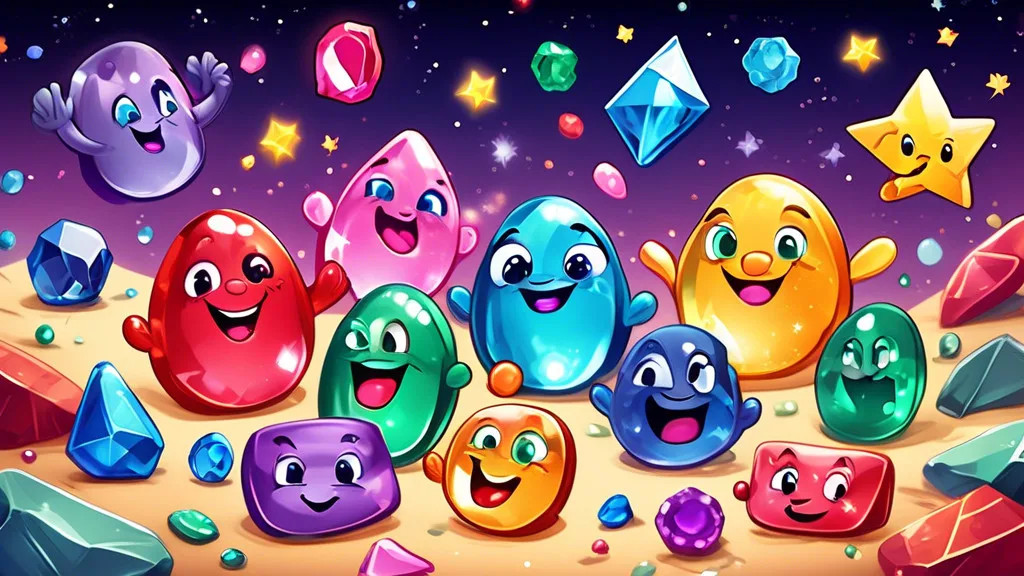 Create a whimsical and colorful cartoon scene featuring a variety of cheerful gemstones, each with funny expressions and puns written on small signs they h