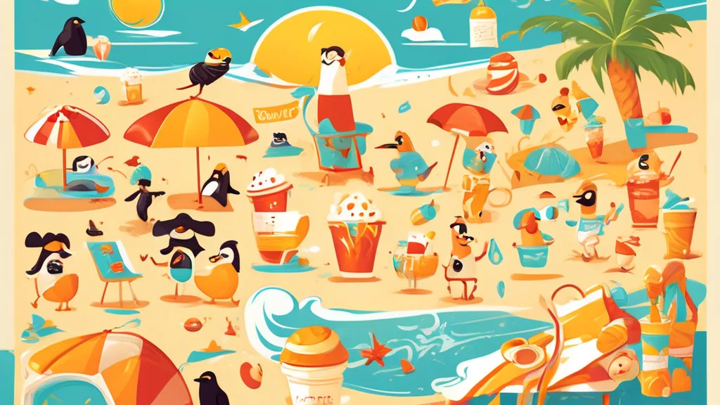 Create an illustration that features a sunny beach scene with cartoon characters enjoying the hot weather. Include a variety of humorous hot weather-themed