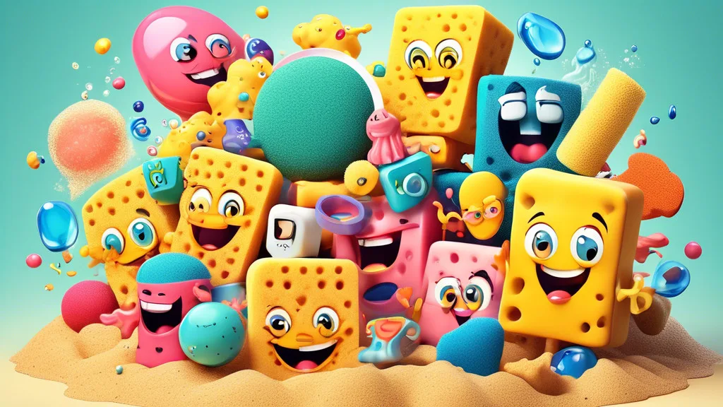 Create a whimsical illustration featuring a cartoon sponge character laughing hysterically while surrounded by various sponge-related puns displayed in col