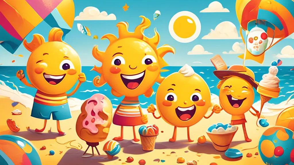 Create a vibrant and cheerful illustration featuring a sunny landscape filled with playful sun characters engaging in pun-themed activities. Include cartoo