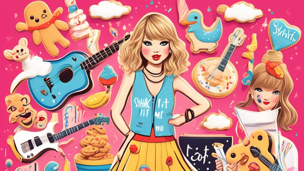 Create a playful and colorful illustration of a whimsical Taylor Swift Pun Festival, featuring cartoon-style characters dressed as Taylor Swift at various