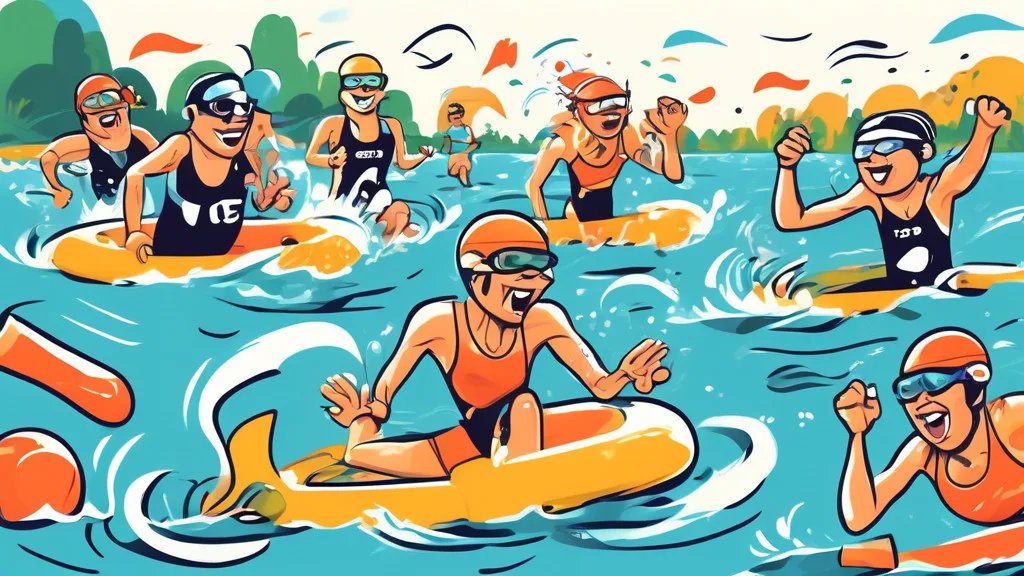 Create a vibrant and humorous illustration featuring a cartoon-style triathlon scene. Show three athletes in the midst of a race, one running with oversize