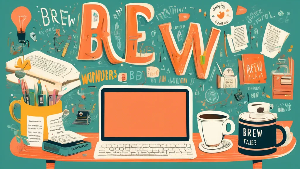 Create an illustration showcasing a whimsical writer's desk surrounded by floating letters and playful puns. Include a typewriter with a piece of paper tha