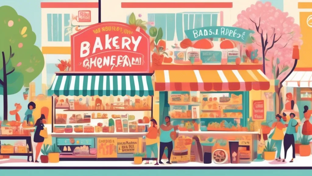 Create an illustration of a vibrant and playful marketplace scene filled with quirky vendors showcasing humorous product advertisements. Each stall feature