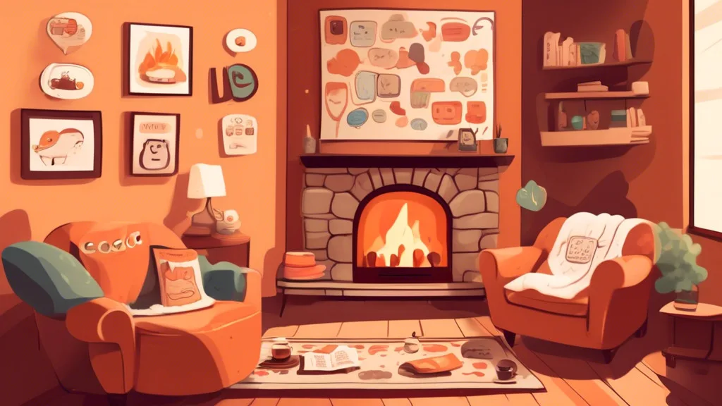 Create an image of a cozy living room featuring a cute, cartoonish blanket with speech bubbles around it filled with playful puns about warmth and comfort.