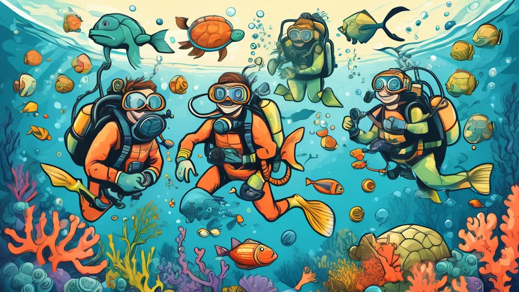 Create a whimsical cartoon illustration featuring a group of cartoon divers underwater, each interacting with humorous sea creatures that embody various di