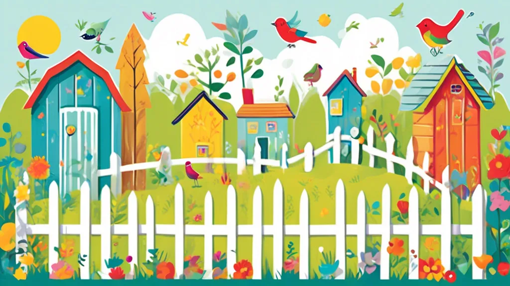 Create a whimsical illustration featuring a vibrant garden scene filled with colorful fences, each displaying a clever pun related to fencing. Include play