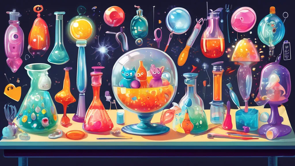 Create an illustration of a whimsical glass workshop filled with various glass objects, each personified with cheerful facial expressions and funny speech