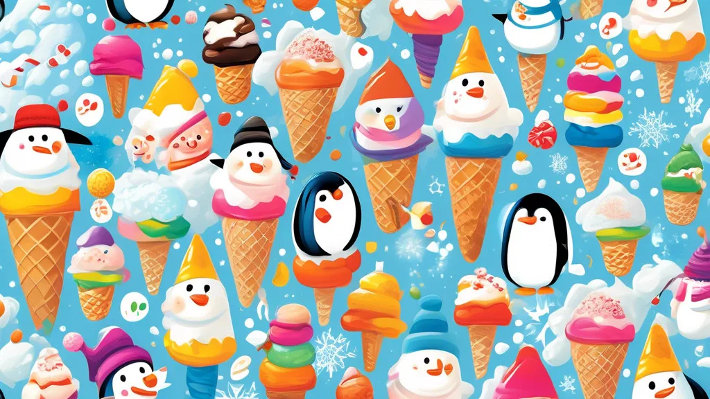 Create a whimsical illustration featuring a colorful ice cream cone with a big smile, surrounded by playful cartoon characters like a snowman cracking joke