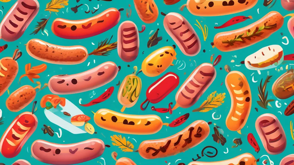 Create a vibrant and playful illustration featuring a variety of colorful sausages with faces, engaging in humorous activities and puns related to food. In