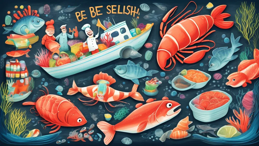 Create a whimsical illustration featuring a cheerful seafood market scene bustling with cartoonish sea creatures, such as a fish wearing a chef's hat and c