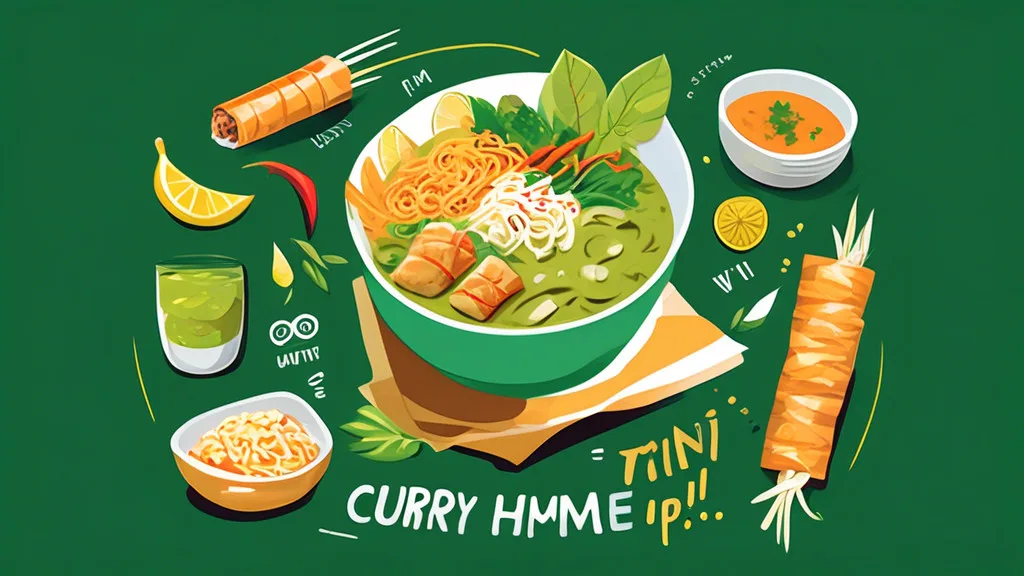 Create a vibrant and whimsical illustration featuring a variety of delicious Thai dishes, such as Pad Thai, green curry, and spring rolls, each humorously